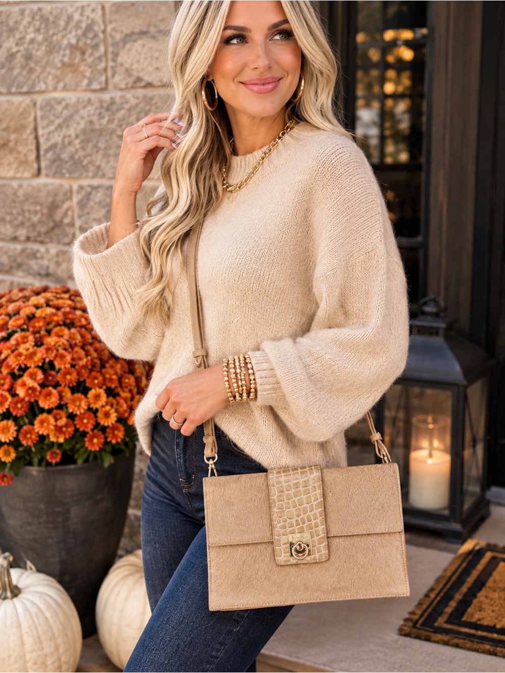 NWT Spartina 449 Blonde calf hair Croc-Embossed Flap Shoulder Bag with key chain